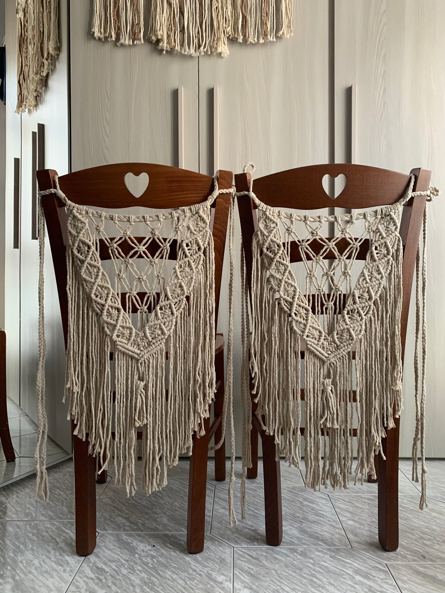 Coprisedia in macramè per matrimonio boho
